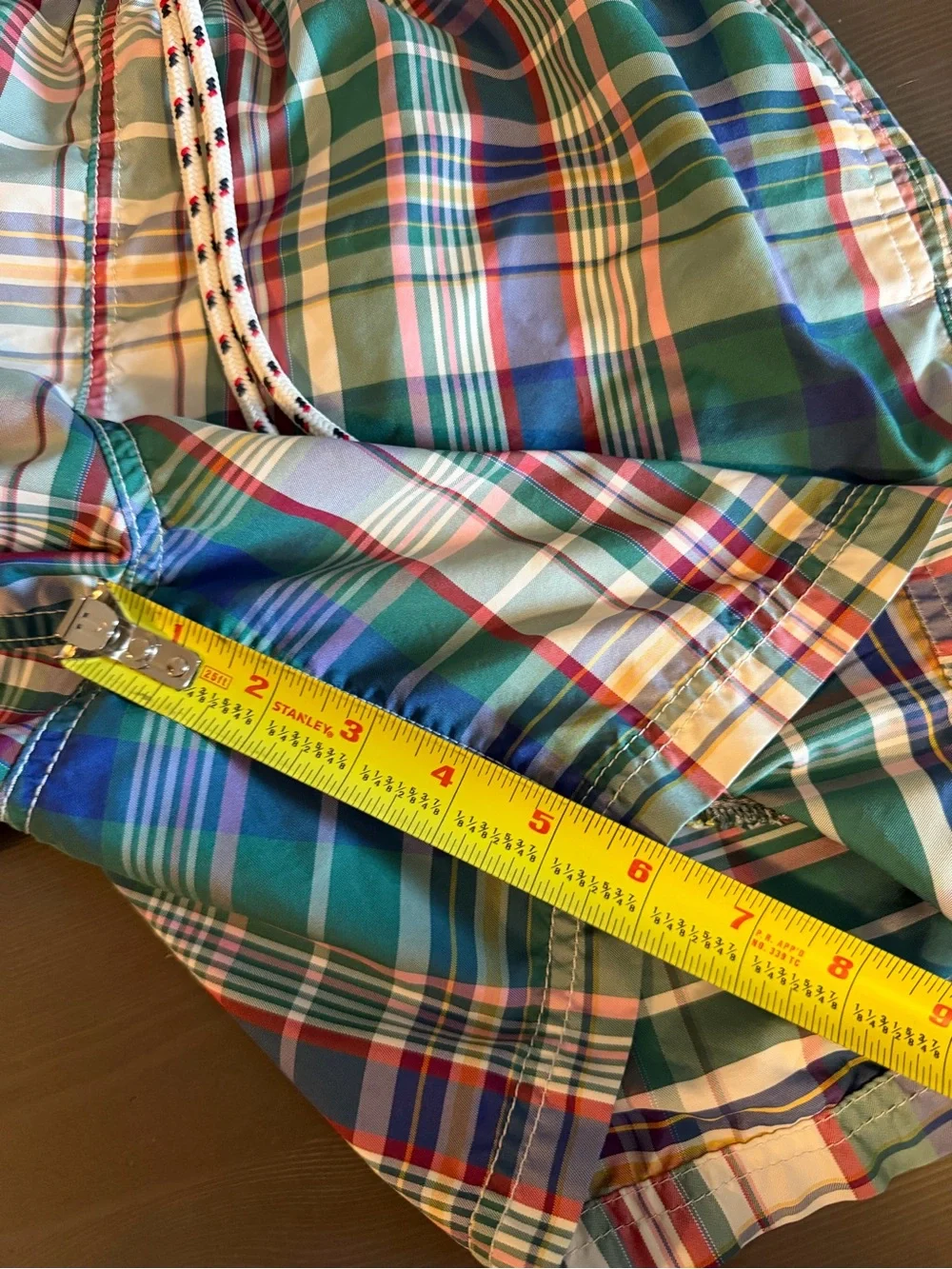 Lands' End Men’s Green Plaid Swim Trunks with Blue and White Accents